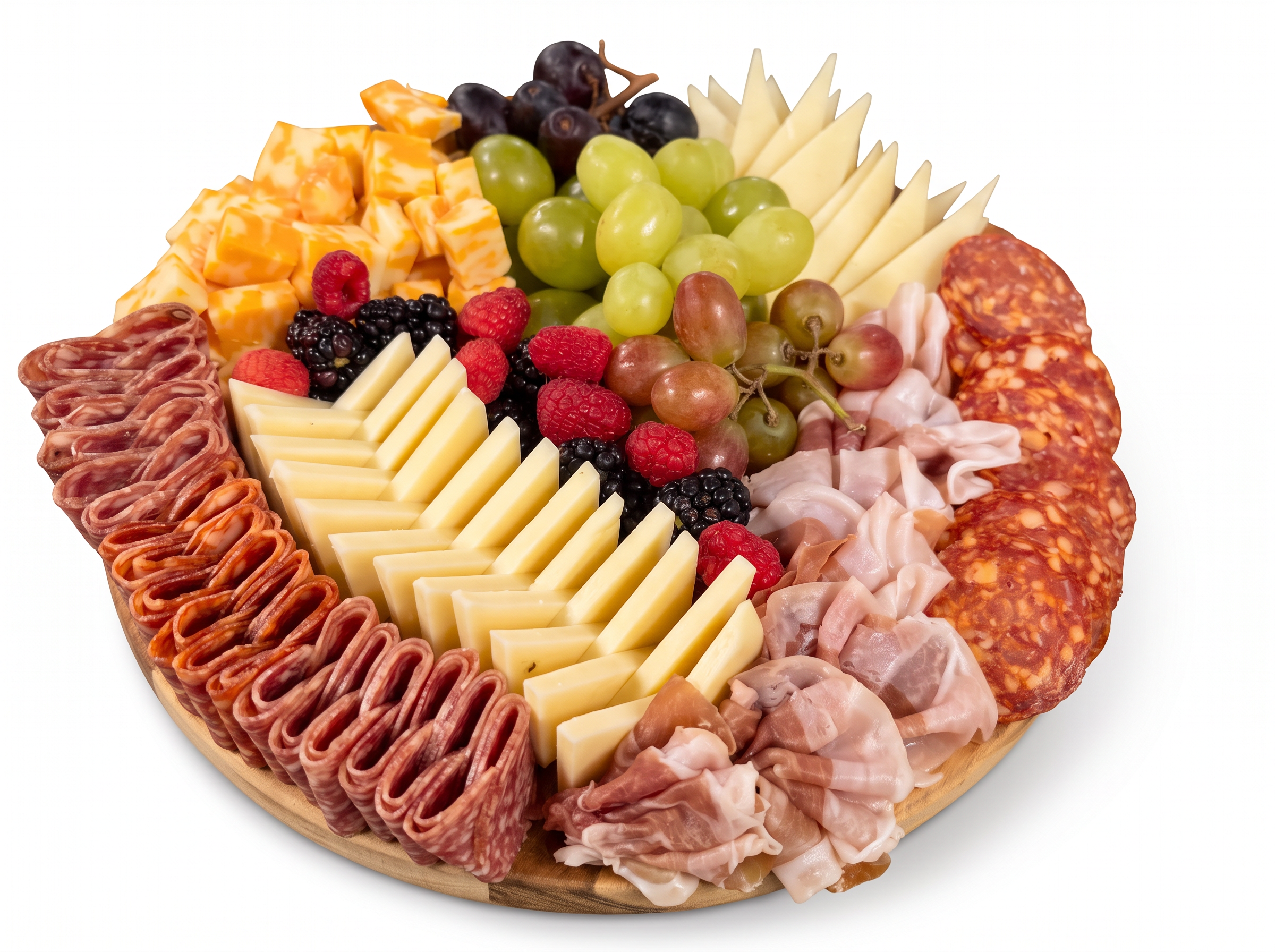 Classic circular charcuterie board with cheeses and cured meats