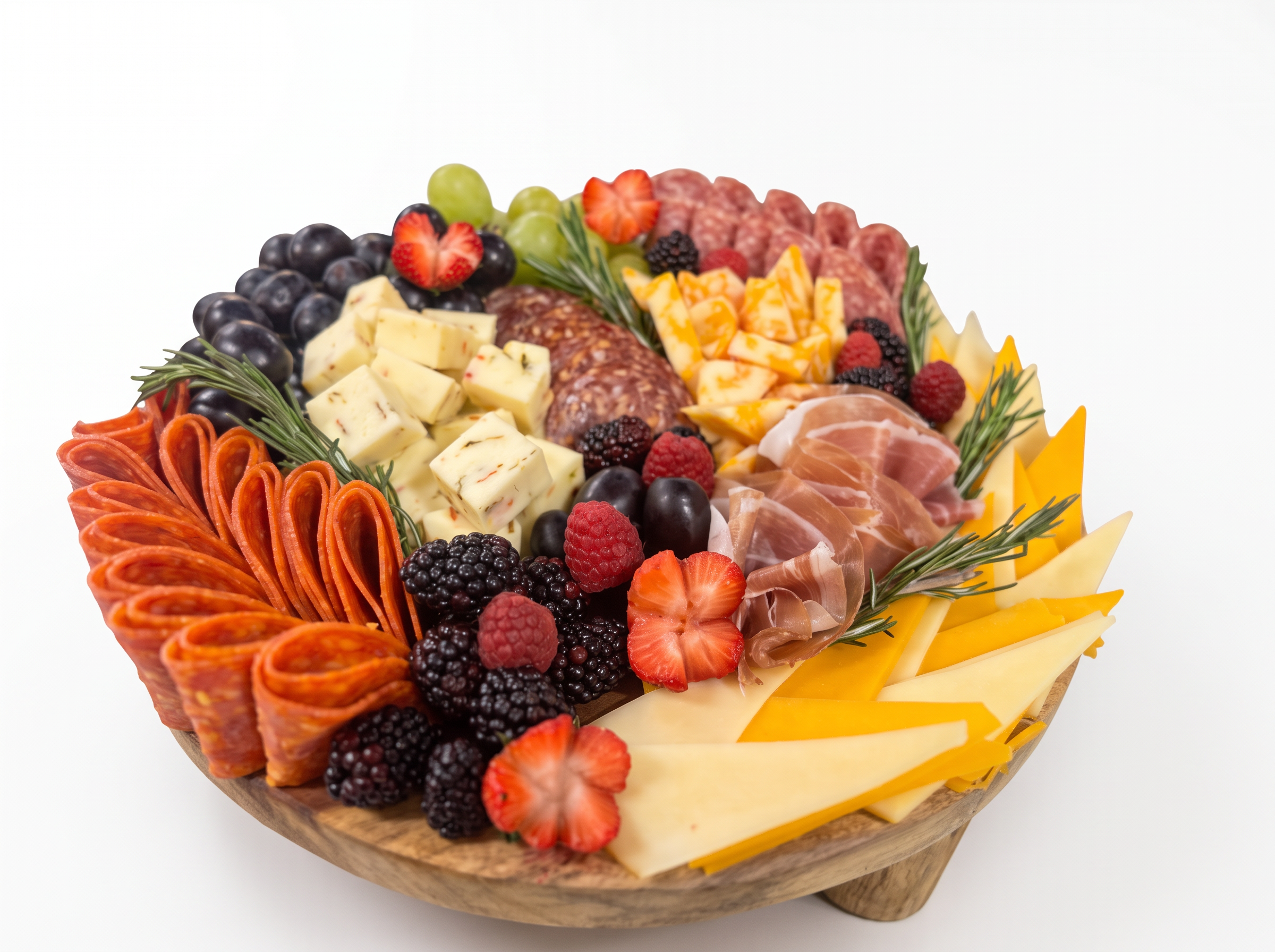 Charcuterie board with pepperoni ribbons, berries, and cheese