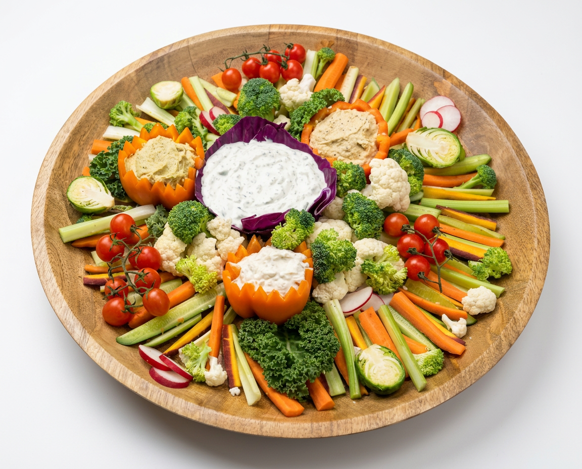 Round veggie garden board with fresh vegetables and dip bowls